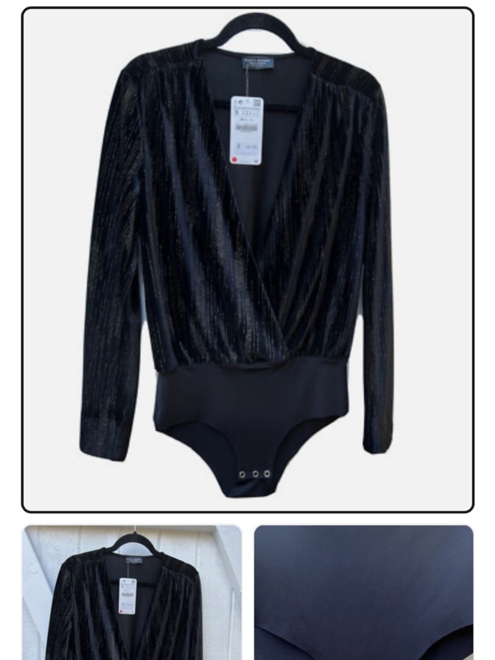 Zara Black Shimmer Wrap-Front Long-Sleeve Bodysuit NWT